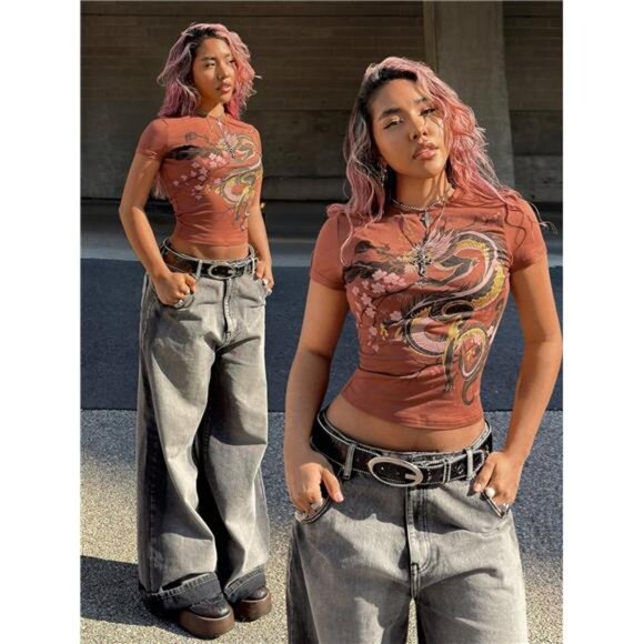 Women's Dragon Print Short Sleeve T-Shirt - Picture 1 of 8